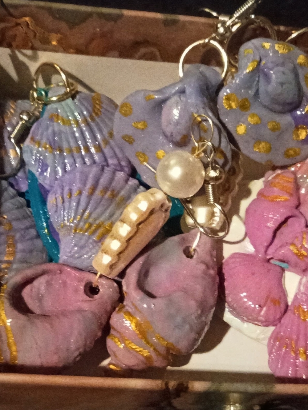 Handcrafted Purple Shell Earrings with Gold Accents 4 Pack